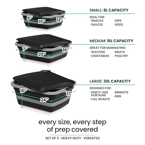 Collapsible BBQ Prep Tub with Lids & Drain Spouts, 3 Pack Portable Meat Marinating & Grilling Trays, Cutting Board Food Storage Containers for Outdoor Cooking & Camping, Great Fathers Day Gift for Dad