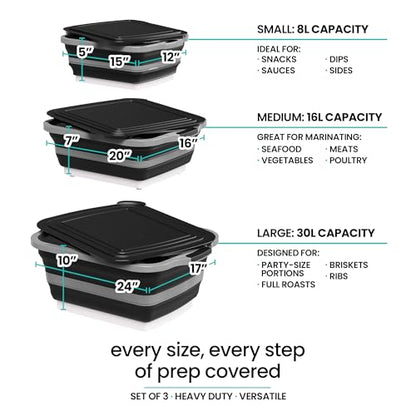 Collapsible BBQ Prep Tub with Lids & Drain Spouts, 3 Pack Portable Meat Marinating & Grilling Trays, Cutting Board Food Storage Containers for Outdoor Cooking & Camping, Great Fathers Day Gift for Dad