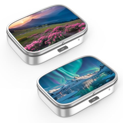 Pill Box 2 Compartment Small Pill Case,Portable for Pocket or Purse Pill Organizer Pill Container Holder to Hold Vitamins, Medication, Fish Oil and Supplements(2PCS) - color: Set-2-mountain With Purple Flowers+aurora Lights, size: 2 Pieces