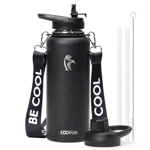 Coolflask 40 oz Water Bottle Insulated Stainless Steel with Strap - color: Magic Black, size: 40 Ounces