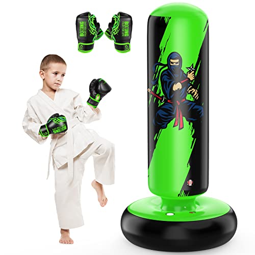 QPAU Punching Bag for Kids, 66 Inch Stable Inflatable Boxing Bag with Boxing Gloves, Stand Kids Punching Bag Toy for Boys & Girls Age 6-12, Boxing Set for Practicing Karate, Taekwondo, MMA - color: Green