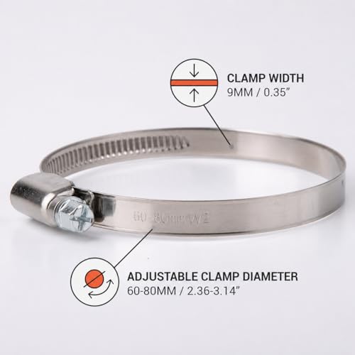(Pack of 2) Stainless Steel Hose Clamps, Adjustable Clamps, Worm Gear, Adjustable Diameter 2.36-3.14" (60-80 mm) Hose Clamp