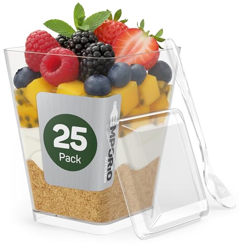 Plastic Dessert Cups with Lids and Spoons (25 Pack) – Single-Serve Parfait & Appetizer Cups, Spill-Resistant, Heavy-Duty Design, Ready-to-Use for Parties, Catering & Special Events BPA-Free - size: 25 Pack