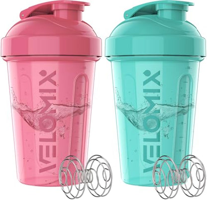 VELOMIX 2 Pack 20oz Protein Shaker Bottle for Protein Mixes, Pink/Turquoise - color: A4) Pink / Turquoise