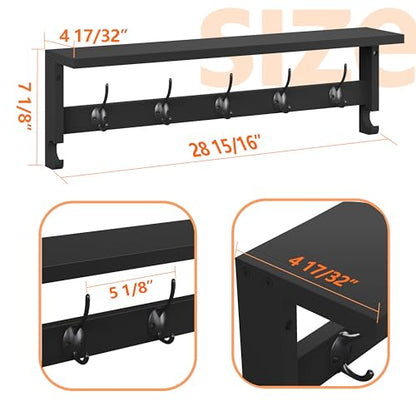 AMBIRD Coat Rack Wall Mount with Shelf, 28.9 Inches Coat Hooks Wall Mounted with 5 Hooks, Hat Wall Hooks for Hanging in Entryway, Living Room, Bathroom, Bedroom (Black, 28.9 * 4.5 inches) - color: Black, size: 5 Hooks 28.9" L