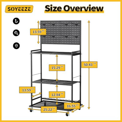Large Size Fishing Rod Holders for Garage, 3-Tier Fishing Pole Rack with Pegboard and Hooks, Fishing Gear Tackle Box Organizer Up to 12 Rods, Rolling Fishing Storage Cart with Lockable Wheels