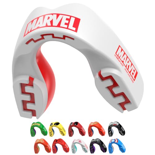 Marvel Logo Sports Mouth Guard, Youth Dual Layer Mouthguard with Case | Youth <11 Years, White Premium Mouthpiece, Easy Fit Remoldable, Anti Gag, Football, Lacrosse, Boxing, MMA, Contact Sports - color: Marvel Logo, size: Junior (up to 11 Year)