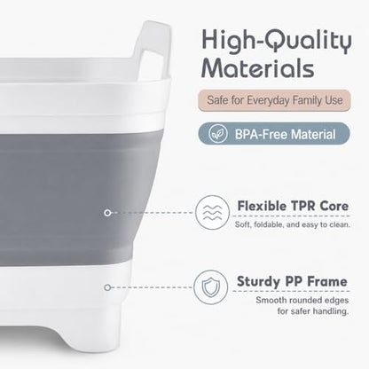2.4 Gal(9L) Collapsible Dish Basin with Drain Plug, Space Saving Outdoor Multiuse Foldable Sink Tub, Dishpan, Kitchen Storage Tray for Camping, Vegetable Washing, RV (Gray) - color: Gray