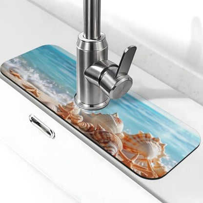 Faucet Draining Mat For Kitchen Sink, Beach Seashells Starfish Diatom Mud Absorbent Drain Pad For Bathroom Kitchen Sink Splash Guard Drying Mat - color: Beach Seashells Starfish