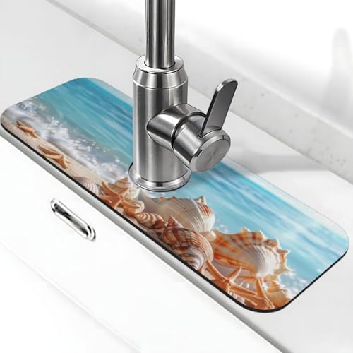 Faucet Draining Mat For Kitchen Sink, Beach Seashells Starfish Diatom Mud Absorbent Drain Pad For Bathroom Kitchen Sink Splash Guard Drying Mat - color: Beach Seashells Starfish