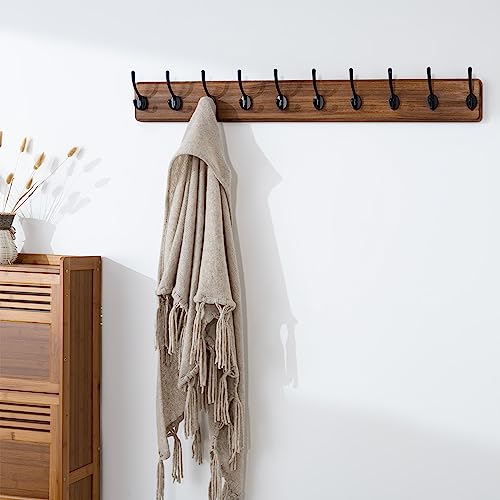 SKOLOO Rustic Wall Mounted Coat Rack, 10 Hooks, 38", Solid Wood, Brown - color: Wood Brown & Black, size: 38 inch