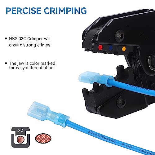 HKS 150PCS Nylon Female Spade Quick Disconnect Connector - Blue 16-14 AWG Electrical Wire Connectors Kit - Tinned Copper - Cold-Pressed Wire Terminal Automotive Crimp Insulated