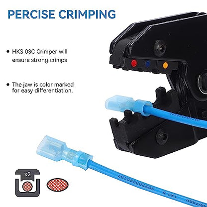 HKS 150PCS Nylon Female Spade Quick Disconnect Connector - Blue 16-14 AWG Electrical Wire Connectors Kit - Tinned Copper - Cold-Pressed Wire Terminal Automotive Crimp Insulated