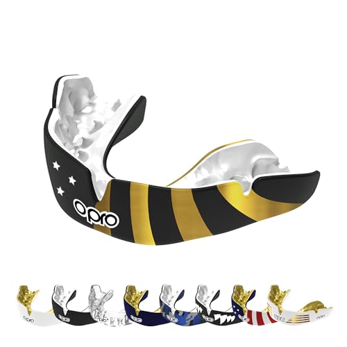 OPRO Instant Custom-Fit Mouthguard – Dentist Level Gum Shield Adult and Kids – OPRO Mouth Guard Boxing and MMA, Self-Fit Gum Shield Rugby – Maximum Protection with Dental Warranty (USA Gold) - color: Usa Gold, size: Adult (10+)