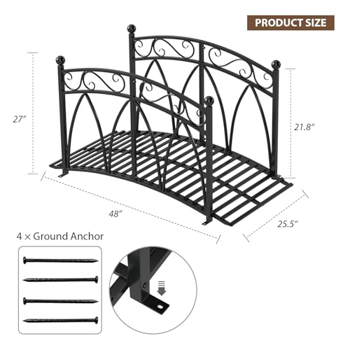 4 Ft Garden Bridge - Metal Footbridge for Outdoors, Safety Side Rails with Fashionable Patterns, Decorative Garden Arch Walkway for Stream, Creek, Pond, Black