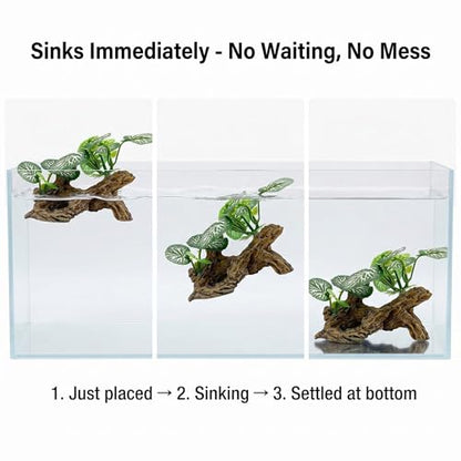 Aquarium Driftwood Decor 4 Inch - Resin Driftwood with Silk Plant Leaves, Fish Tank Decoration for Betta, African Dwarf Frog, Shrimp Hideout