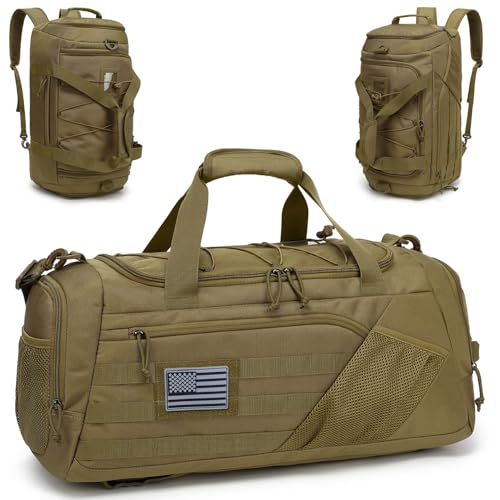 3-in-1 Tactical Gym & Travel Duffle Bag Backpack Men Multi-Functional 45L Military Sports Duffle Bag with Shoe Compartment & Wet Pocket for Workout Weekender Overnight Bag with Molle Webbing, Brown - color: Brown