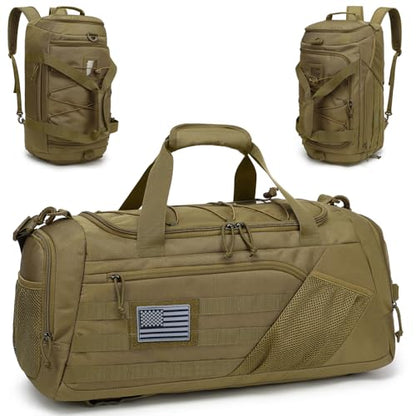 3-in-1 Tactical Gym & Travel Duffle Bag Backpack Men Multi-Functional 45L Military Sports Duffle Bag with Shoe Compartment & Wet Pocket for Workout Weekender Overnight Bag with Molle Webbing, Brown - color: Brown