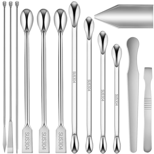 Artcome 304 Stainless Steel Lab Tool Set – 13 PC Sampling and Measuring Kit, Includes Double-Ended Spoons, Spatulas, Long Stirring Spatula, Reagent Wighting Tray, Ideal for Laboratory & Industrial Use