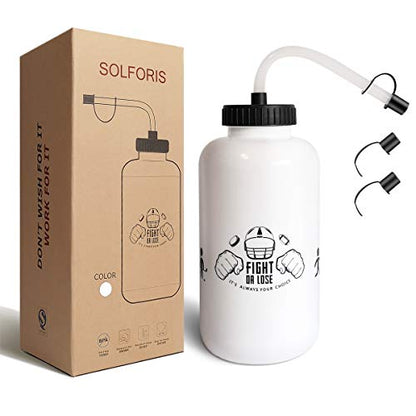 Hockey Water Bottles with Long Straw, Fit for Football Lacrosse Gym Sport, Plastic Squeezable Leakproof BPA Free, No Strange Smell, Easy to Clean, 1 Liter 32 oz (3 Straw Caps) (white) - color: white