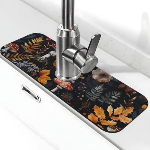 Faucet Draining Mat For Kitchen Sink, Mushrooms Ferns Wildflowers Diatom Mud Absorbent Drain Pad For Bathroom Kitchen Sink Splash Guard Drying Mat - color: Mushrooms Ferns Wildflowers