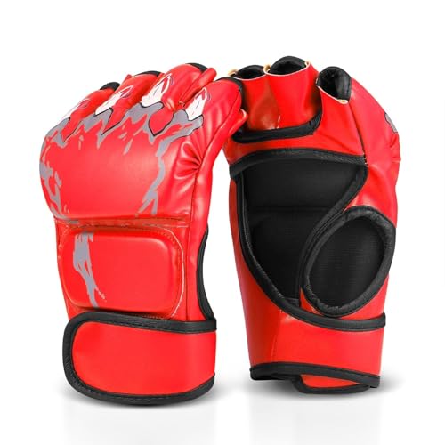 Flexzion MMA Gloves Fingerless Boxing Gloves for Men Women and Teen Youth, UFC Grappling Krav MAGA Kickboxing Gloves for Training Punching Bag Muay Thai Hitting Mitts Cutoff Martial Art Gloves - color: Red