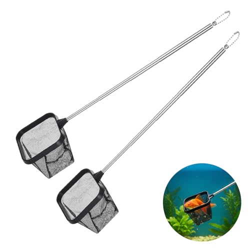 2pcs Small Fish Tank Net, Small Aquarium Net, Square Floating Fishing Nets 4.76-14.6in Retractable Handle Handle for Fish Tank, Aquarium, Stream (Black)