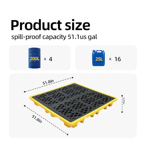 4-Drum Spill Containment Pallet | 51"x51"x6" Heavy-Duty Polyethylene Tray with Drain | Anti-Slip & Detachable Secondary Containment for Industrial 55-Gallon Storage
