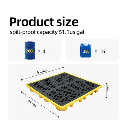 4-Drum Spill Containment Pallet | 51"x51"x6" Heavy-Duty Polyethylene Tray with Drain | Anti-Slip & Detachable Secondary Containment for Industrial 55-Gallon Storage