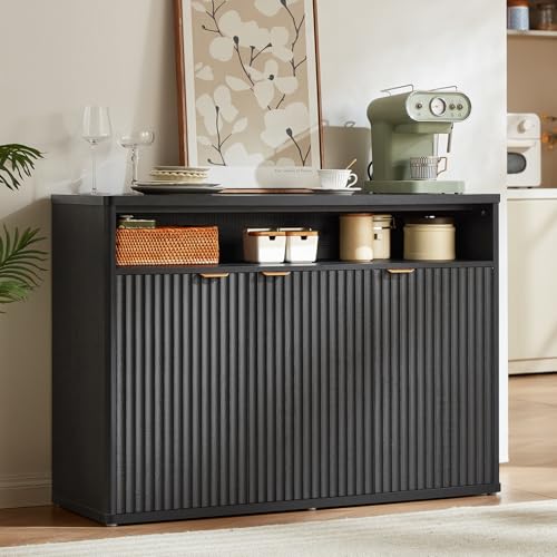 LEYAOYAO Fluted Buffet Cabinet with Storage, 45" Wide Wood Sideboard Credenza with 3 Doors & Open Storage Shelf, Modern Kitchen Console Accent Cabinets, Coffee Bar Table for Dining Room, Black Oak - color: Black Oak, size: 15.35"D x 45.30"W x 31.89"H（3 do