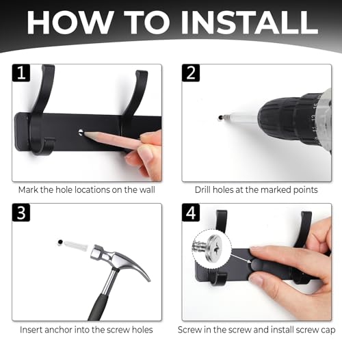 Wall Mount Coat Rack 1 Pack, Black Coat Hooks Hanger with 6 Double Hooks - color: Black, size: 1 Pack(6 hooks)