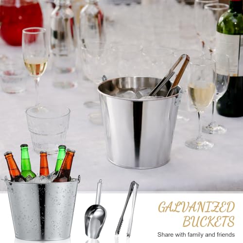 38 Pcs Galvanized Beer Buckets Set, 16 Metal Pails with 4 Scoops & 4 Tongs, 7 Inch Rustic Ice Bucket for Parties, Wedding Centerpieces, Planters, Candy Buffet & Event Decor (Silver)
