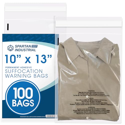 Spartan Industrial - 10” X 13” (100 Count) Self Seal Clear Poly Bags with Suffocation Warning for Packaging, T Shirts - Permanent Adhesive - size: 10" X 13"