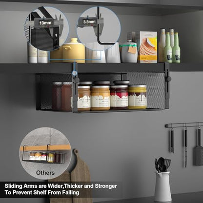 2Pack Under Shelf Basket Organizer,Adjustable Hanging Holder for Cabinet Pantry Kitchen Cupboard Desk Counter Bookshelf Organization Add-on Space Saver Heavy Duty Slide-in (Black, Large)