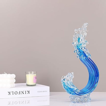 Blue Glass Beach House Decor, Hand Blown Ocean Wave Decorate, Tall Blue Glass Sculpture Home Decor, Ocean Wave Fused Art Figurines, for Sea Art Beach Coastal Nautical Office Surfers Gifts
