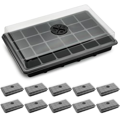 RooTrimmer 10-Pack XL Seed Starter Tray with Dome – 24 Large 2" Cells per Seedling Starter Trays (Total 240 Cells), Seed Growing Tray with Humidity Lids for Greenhouse Home Plant Propagation - color: Black and Clear, size: 10 Sets