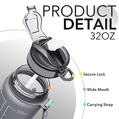 Hyeta Water Bottle with Straw & Time Marker, Plastic 32oz Leakproof - color: Grey Matte
