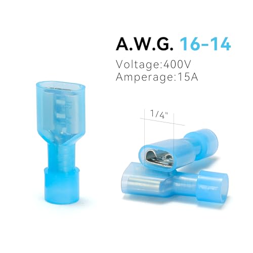 HKS 150PCS Nylon Female Spade Quick Disconnect Connector - Blue 16-14 AWG Electrical Wire Connectors Kit - Tinned Copper - Cold-Pressed Wire Terminal Automotive Crimp Insulated