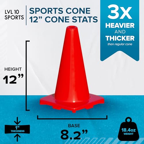 LVL10 Pro Training Cones - 12" Large Soccer Cones for Sports Training - for Basketball, Football, Basketball and Agility Drills - Soccer Field Markers that Won't Crack, Slide or Fly - style: 10 cones