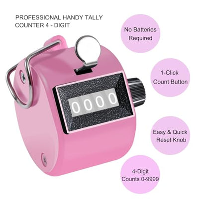 TESEAS Clicker Counter Handheld Tally Counter 4-Digit Number Counter, 2 Pack Hand Mechanical Counters Clickers Pitch Umpire Click Counter for Coaching, Knitting, People, Lap, Fishing, Golf, - color: 1pc pink