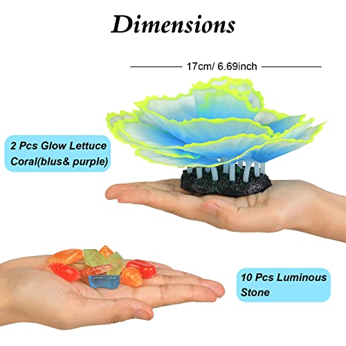 Glowing Fish Tank Decorations Glow Aquarium Decor Coral Ornaments, 2pcs Silicone Flower Plants and 10pcs Colourful Sea Shells/Luminous Stone Glow in The Dark for Aquarium Decoration