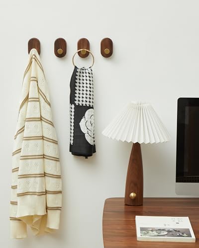 Wood Coat Hooks Wall Mount - Modern Walnut Coat Hook with Bronze Accent for Hanging Clothes,Keys,Purse,Robes,Towel,Backpacks, Single Brass Wall Hooks Heavy Duty for Entryway, Closet, Bathroom (4 Pack) - size: HT-4Pack