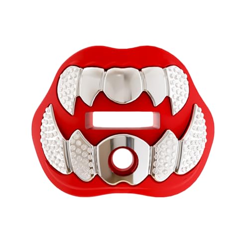 LeCool Football Mouth Guard with Connected Strap- 3D Beast Chrome Adult and Youth Mouth Guard-Mouth Piece for Sports for Maximum Air Flow and Teeth Protection - color: Red-silver