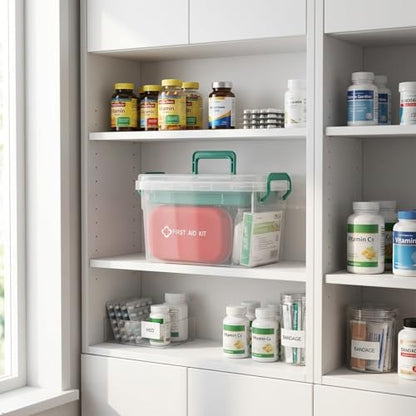Clear First Aid Box Organizer with Compartments, Plastic Family Medical Supplies Storage Box