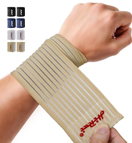 2-Pack High-Elastic Wrist Support Straps Wrist Compression Bandage - Wrist Wraps Wristbands for Carpal Tunnel Arthritis Tendonitis Weightlifting Tennis Basketball - Breathable Soft (Beige) - color: Beige