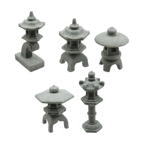 5Pcs 1.77" to 2.6" Miniature Stone Japanese Lantern Pagoda Figurines Asian Decor Fish Tank Aquarium Ornament