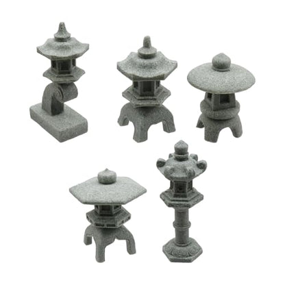 5Pcs 1.77" to 2.6" Miniature Stone Japanese Lantern Pagoda Figurines Asian Decor Fish Tank Aquarium Ornament