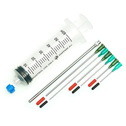 The Single 60ml - All-Purpose Industrial Syringe Kit with 7 Dispensing Tips; 5" 8g, 4" + 2" + 1" 14g and 18g, 1 Easy Grip Syringe Cap, 6 Tip Covers