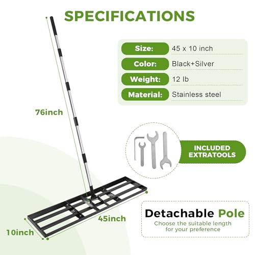 Lawn Leveling Rake, 45"x10" Stainless Steel Lawn Leveler with 76" Adjustable Handle, Heavy-Duty Yard Leveling Rake for Garden, Golf Course, Farm, Pasture, Professional Lawn Care Tool - style: 45"x10" Leveling Rake