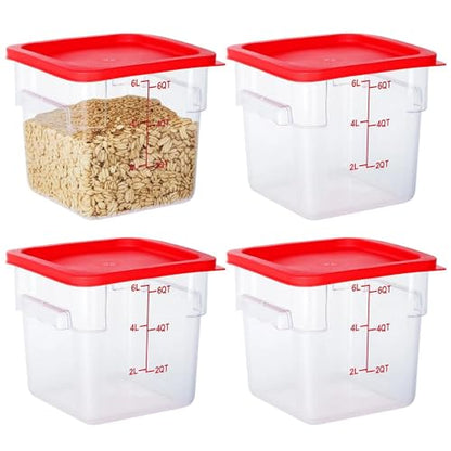 4 Pack Food Storage Containers, 6 Quart with Lids, Square Commercial Containers with Scale, NSF, Polycarbonate, Clear